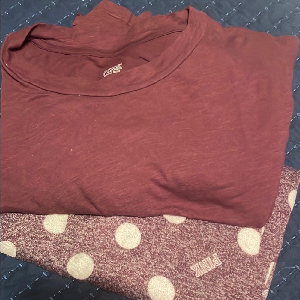 PINK Maroon Long Sleeve Shirt and Polka Dot Pants Set